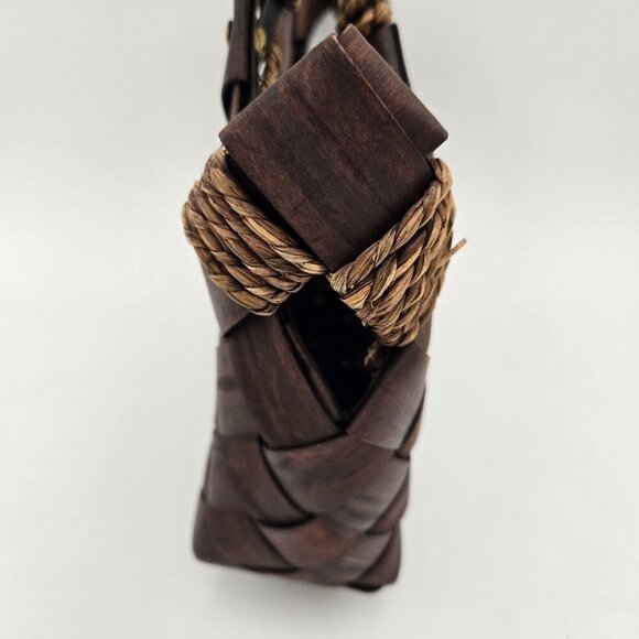 Dark Brown Wood Basket Weave Handbag Womens Medium Handles Coastal Cottagecore - Picture 6 of 14